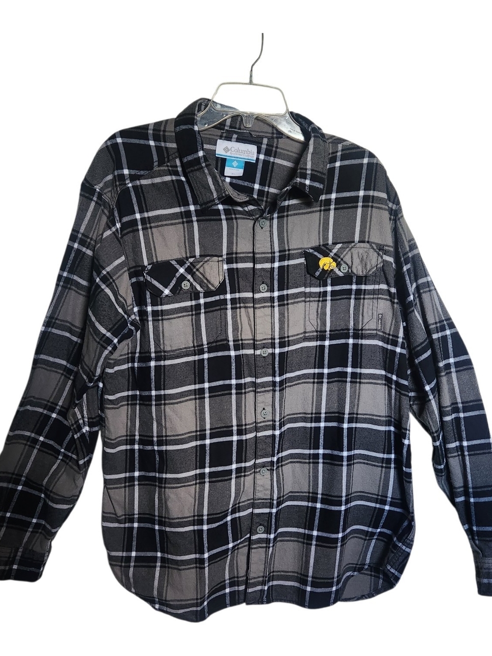 Columbia Collegiate Flannel Button Down Gray Black Plaid Blackhawk Emblem- XL